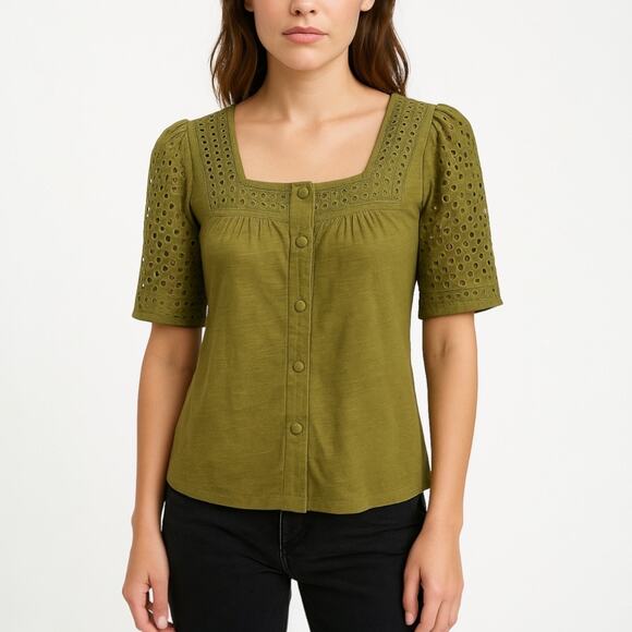 NEW Jane Delancey Green Embroidered Eyelet Short Puff Sleeve Blouse Top Size M - Picture 1 of 4
